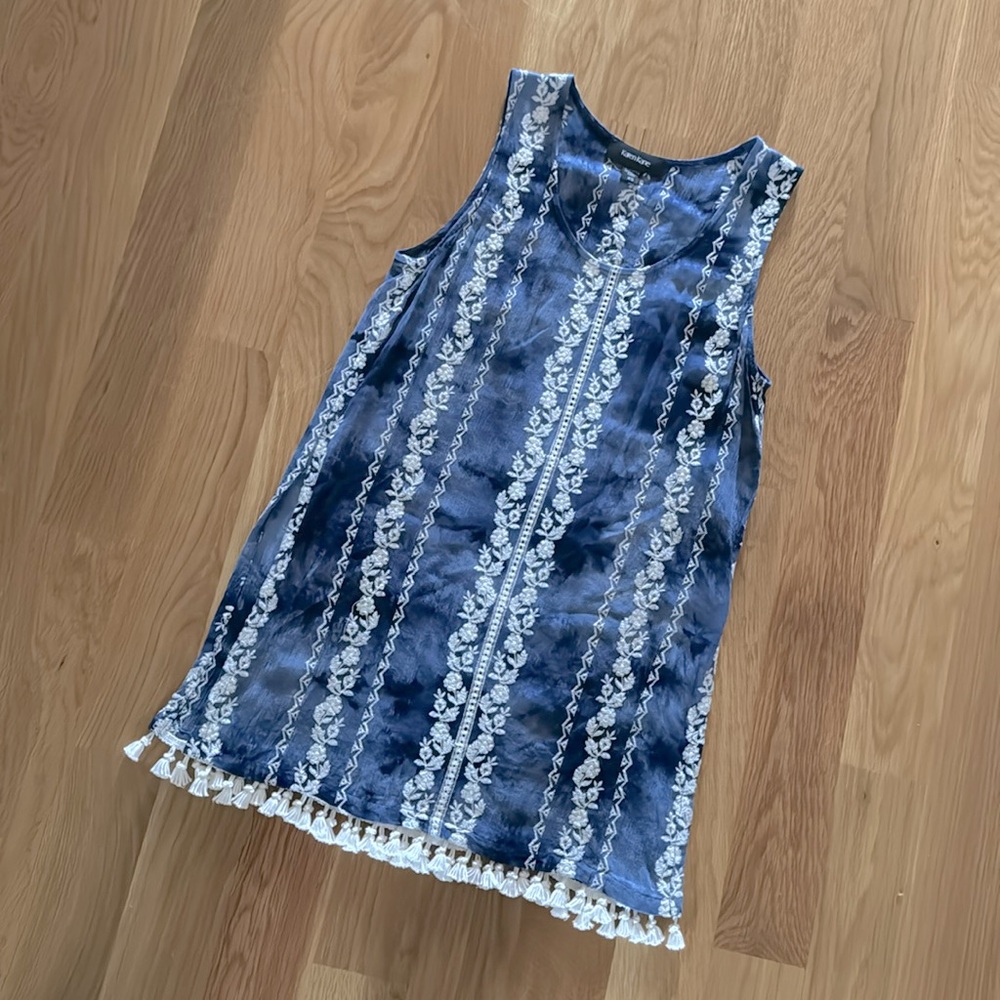 KAREN KANE Blue and Cream Embroidered TUNIC Top with Tassels Size XS EUC